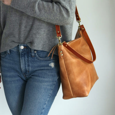 Large Slouchy Hobo Crossbody - Honey Brown Pull-up