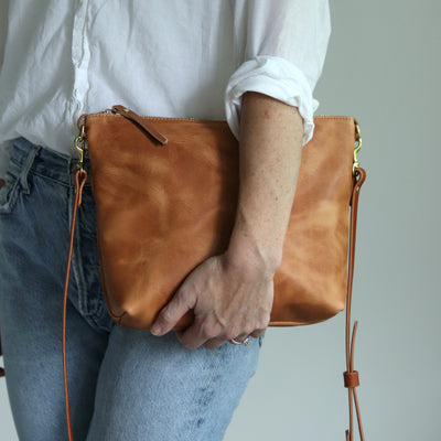 Crossbody Bag with Monogram - Honey Brown Pull Up