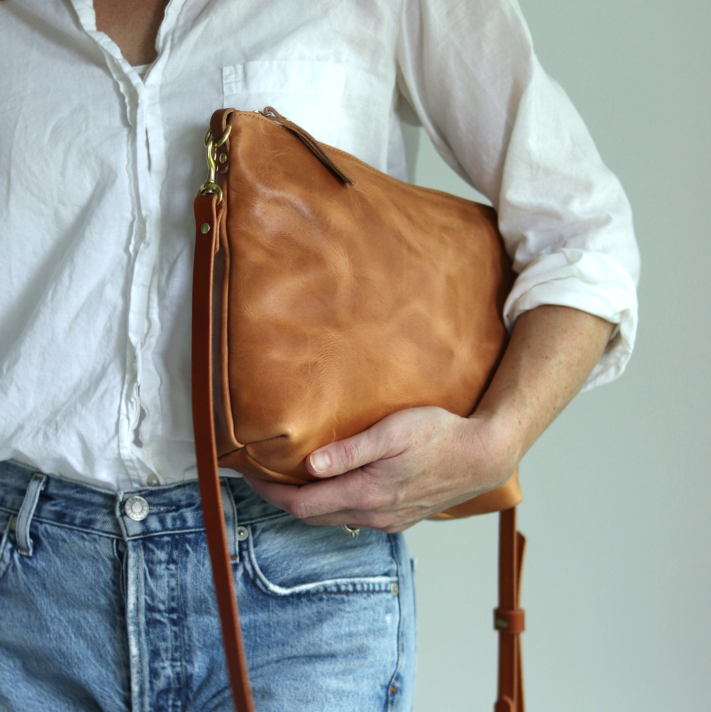 Crossbody Bag with Monogram - Honey Brown Pull Up