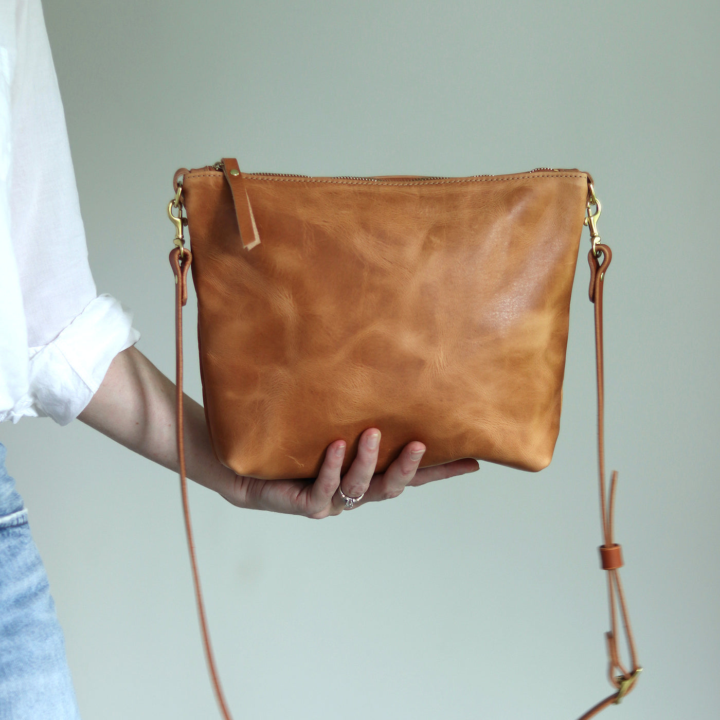 Crossbody Bag with Monogram - Honey Brown Pull Up