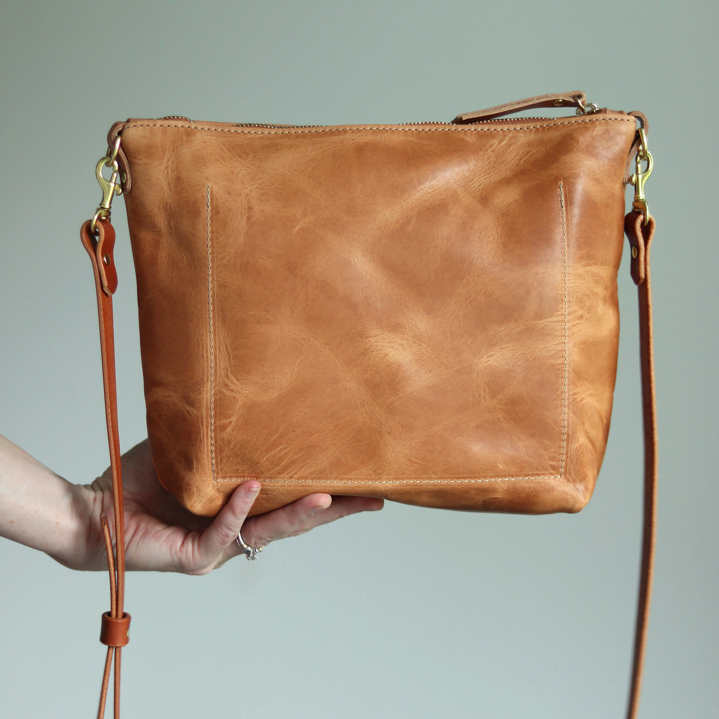 Crossbody Bag with Monogram - Honey Brown Pull Up