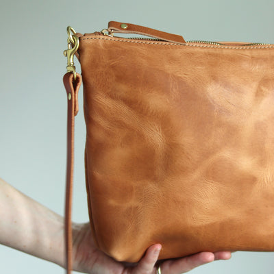 Crossbody Bag with Monogram - Honey Brown Pull Up