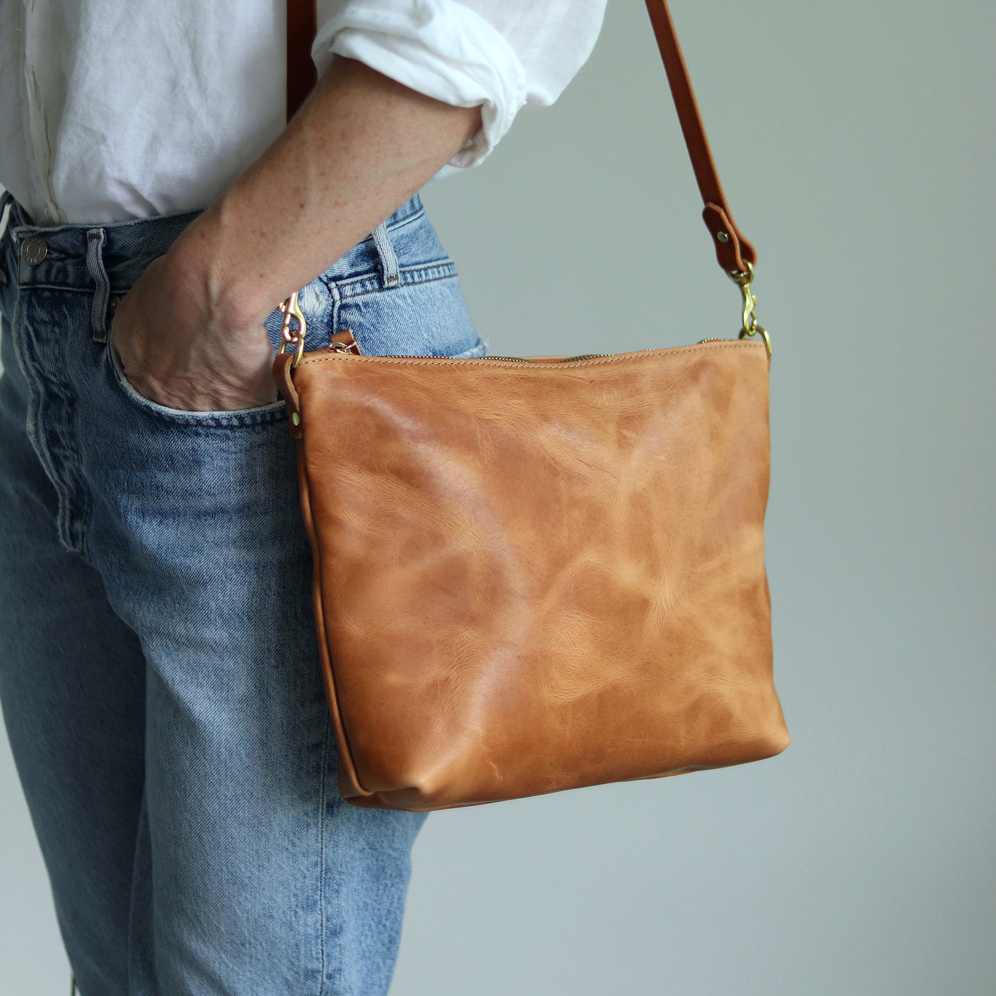 Crossbody Bag with Monogram - Honey Brown Pull Up