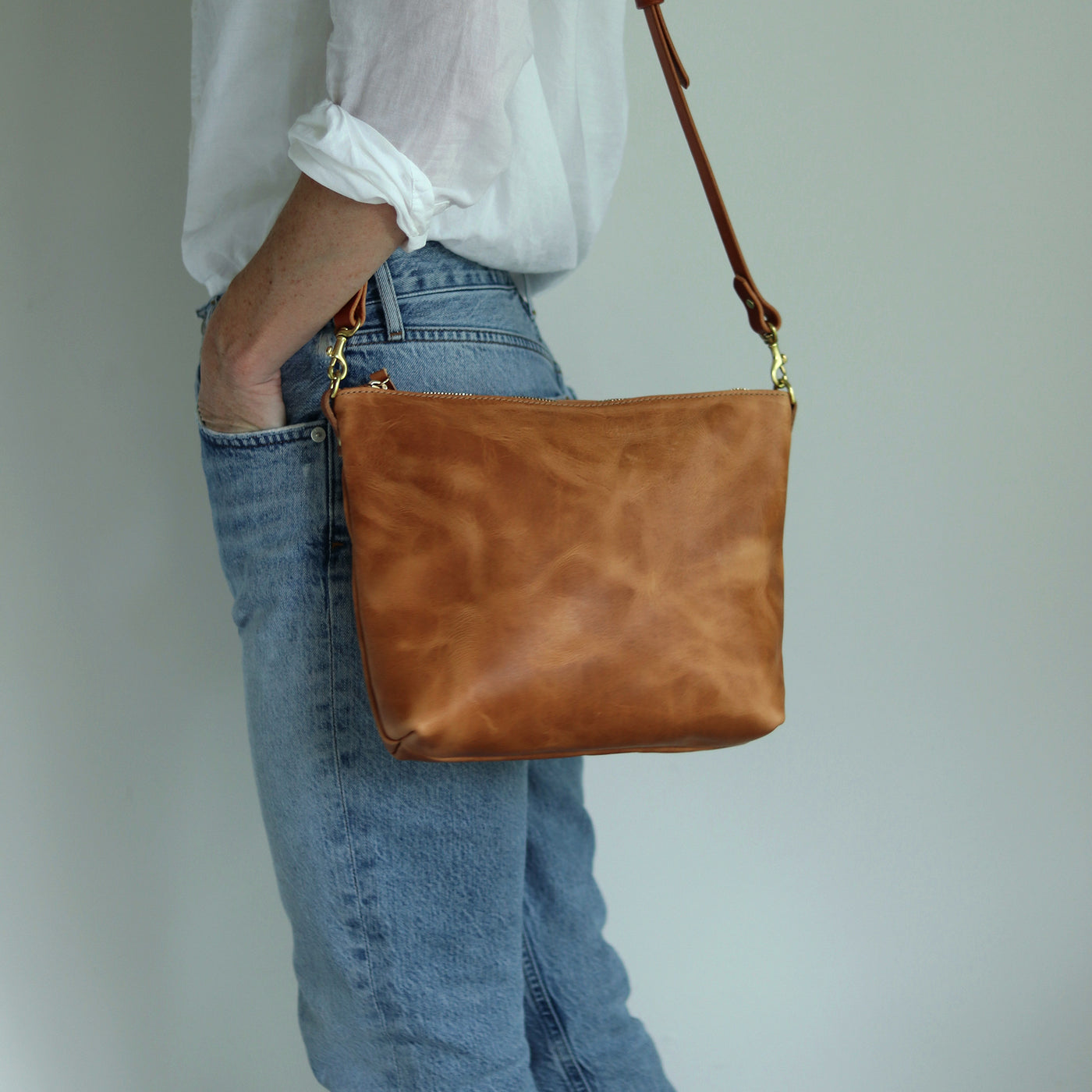 Crossbody Bag with Monogram - Honey Brown Pull Up