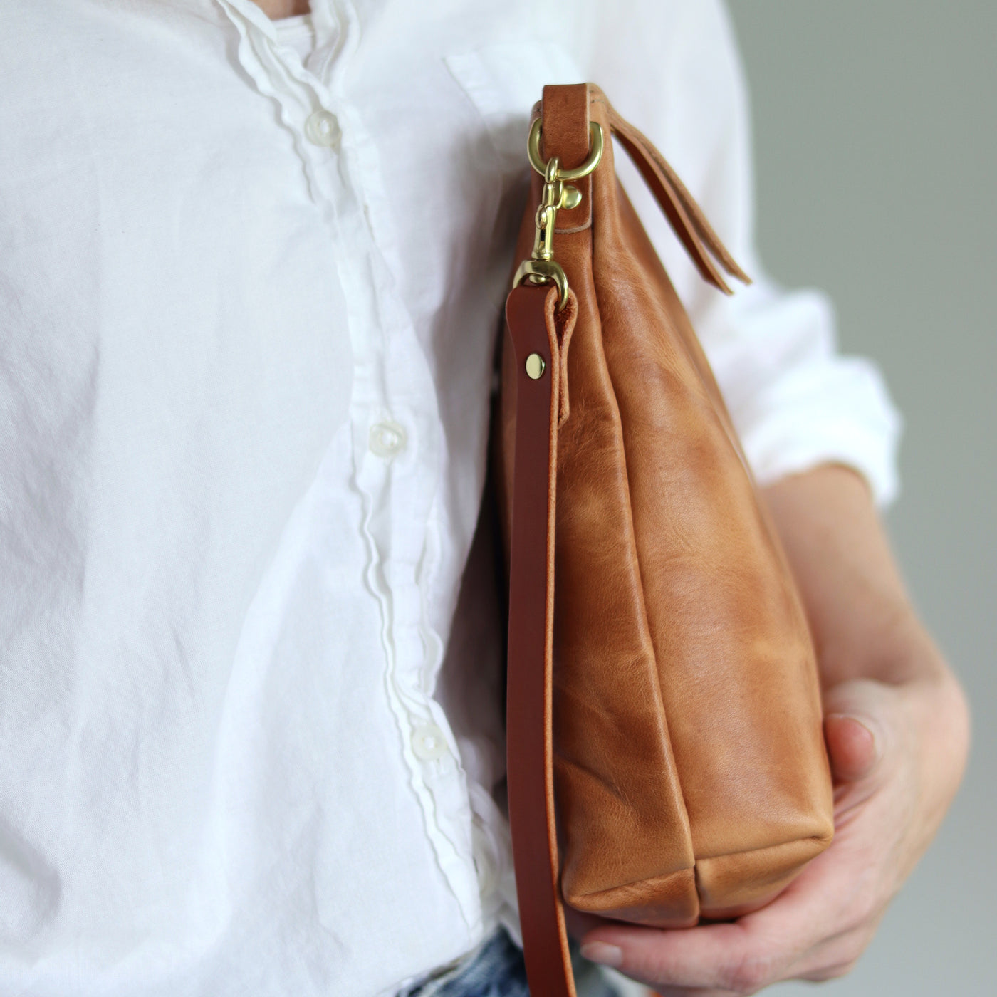 Crossbody Bag with Monogram - Honey Brown Pull Up