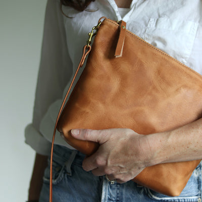 Crossbody Bag with Monogram - Honey Brown Pull Up