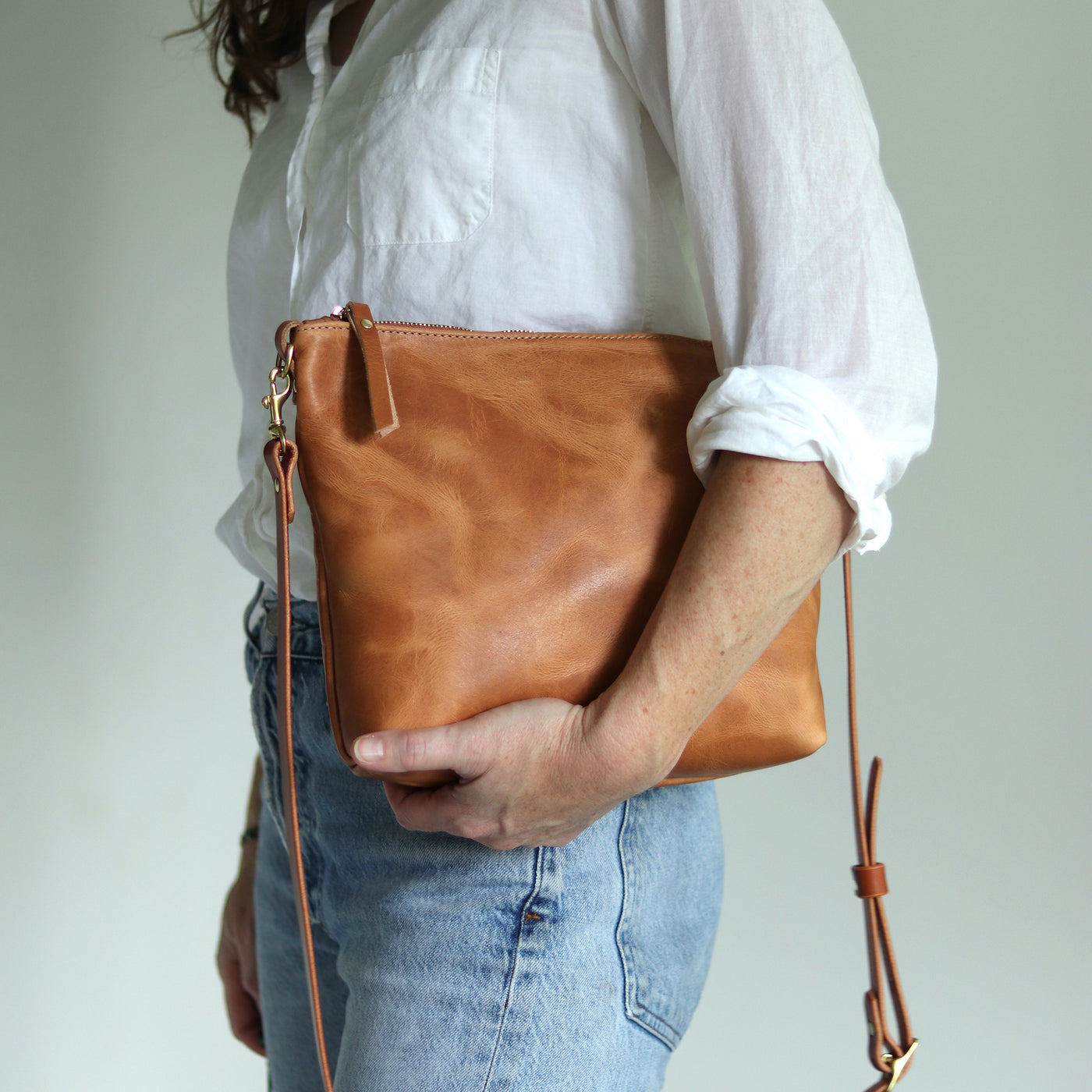 Crossbody Bag with Monogram - Honey Brown Pull Up