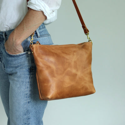 Crossbody Bag with Monogram - Honey Brown Pull Up