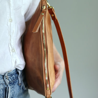 Crossbody Bag with Monogram - Honey Brown Pull Up