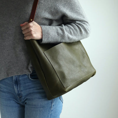 Leather Day Bag - Olive Green Pebble