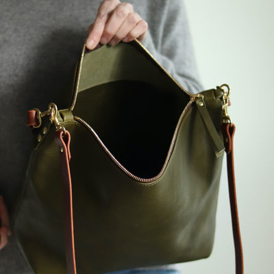 Large Slouchy Hobo Crossbody - Olive Green Pebble