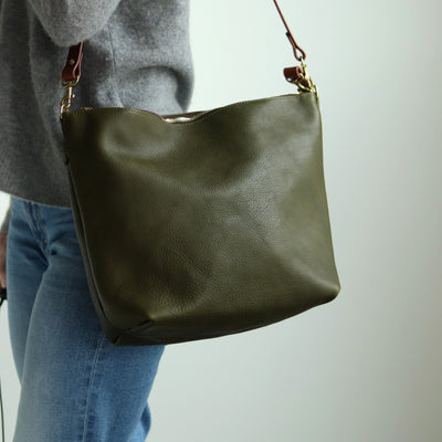 Large Slouchy Hobo Crossbody - Olive Green Pebble