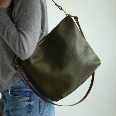 Large Slouchy Hobo Crossbody - Olive Green Pebble