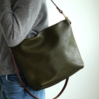 Large Slouchy Hobo Crossbody - Olive Green Pebble