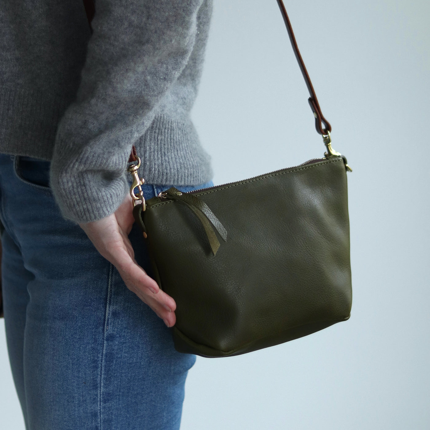 Small Leather Convertible Crossbody Clutch Bag - Olive Green Pebble