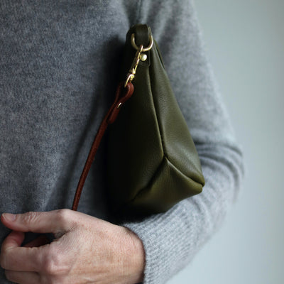 Small Leather Convertible Crossbody Clutch Bag - Olive Green Pebble