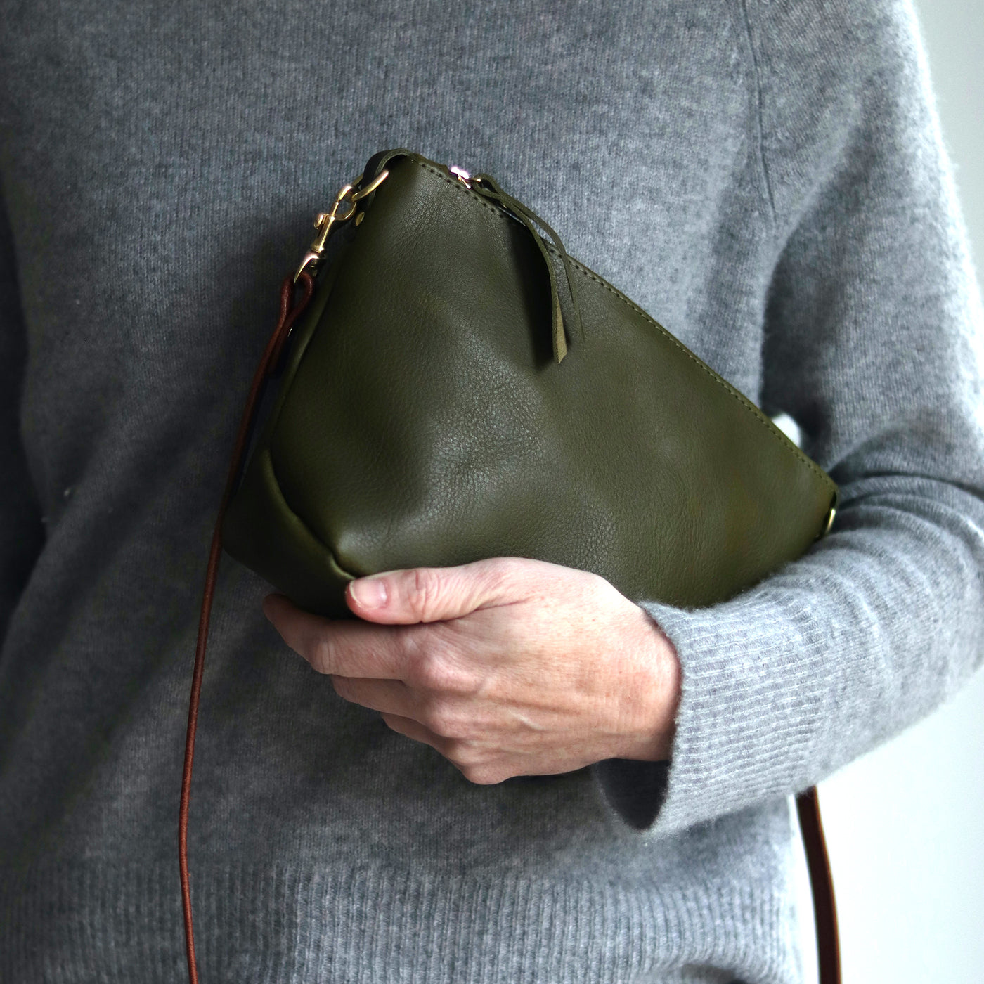 Small Leather Convertible Crossbody Clutch Bag - Olive Green Pebble