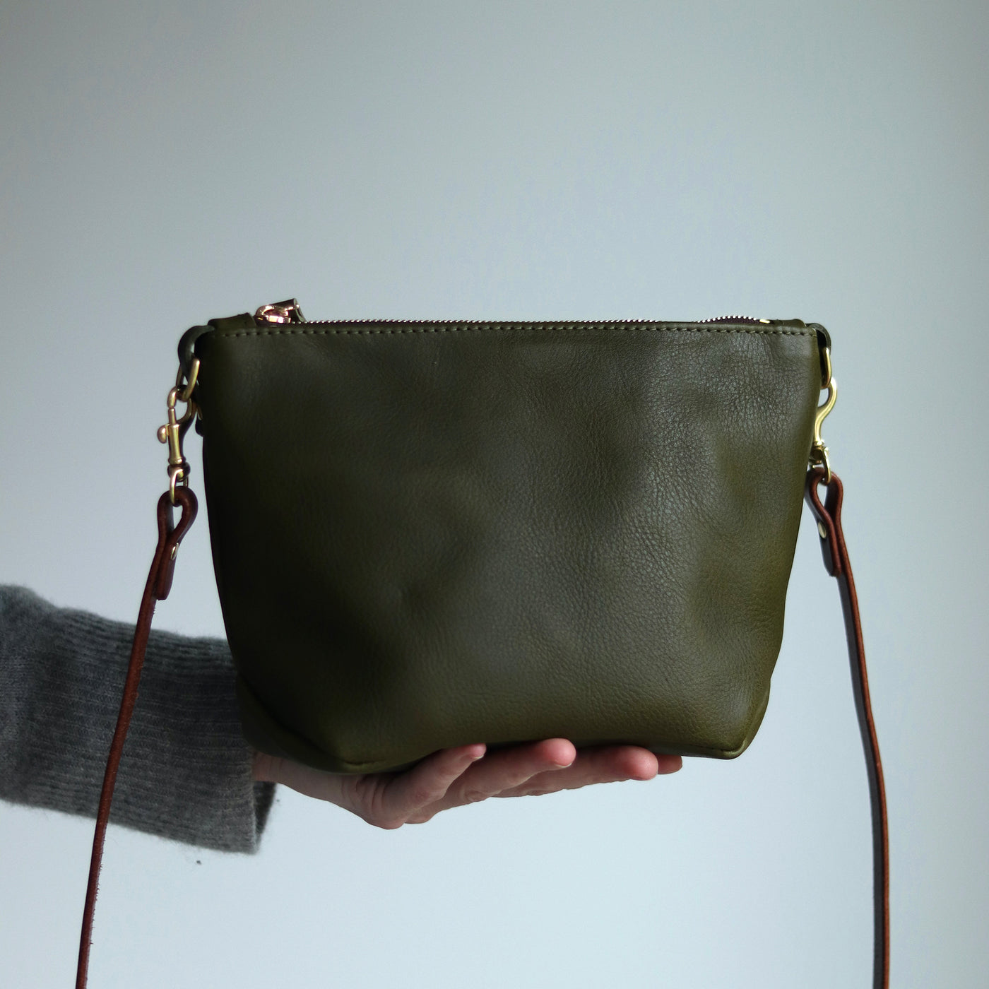 Small Leather Convertible Crossbody Clutch Bag - Olive Green Pebble