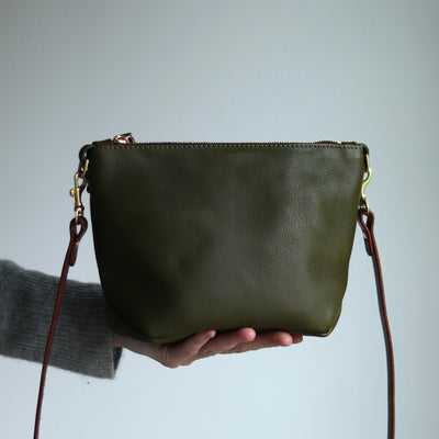 Small Leather Convertible Crossbody Clutch Bag - Olive Green Pebble