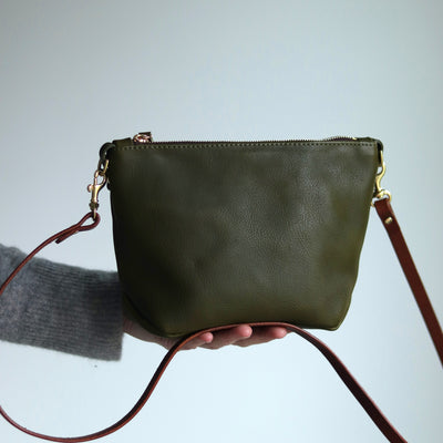 Small Leather Convertible Crossbody Clutch Bag - Olive Green Pebble