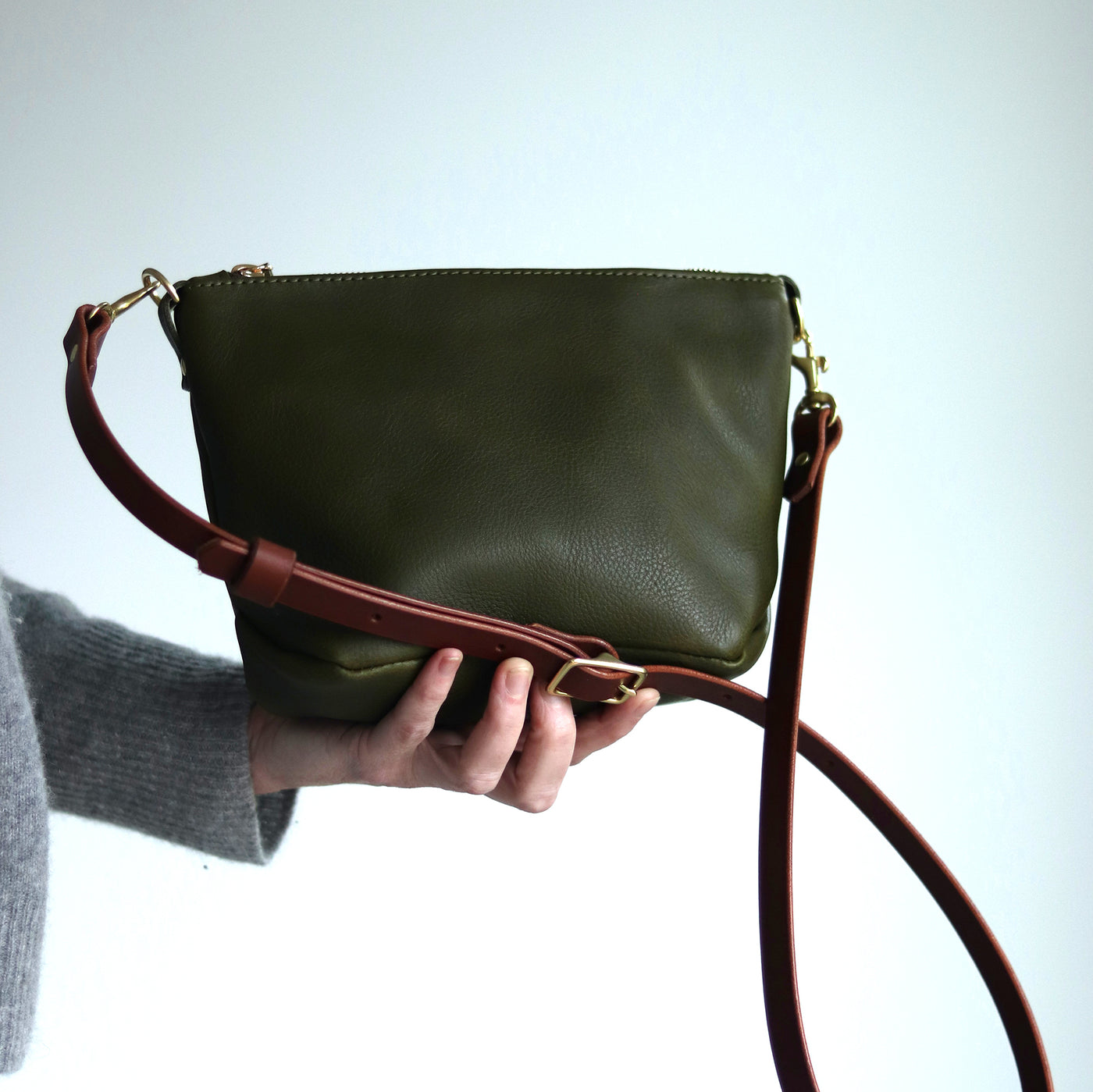 Small Leather Convertible Crossbody Clutch Bag - Olive Green Pebble