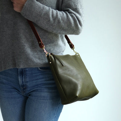 Crossbody Bag with Monogram - Olive Green Pebble