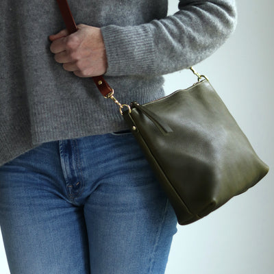 Crossbody Bag with Monogram - Olive Green Pebble