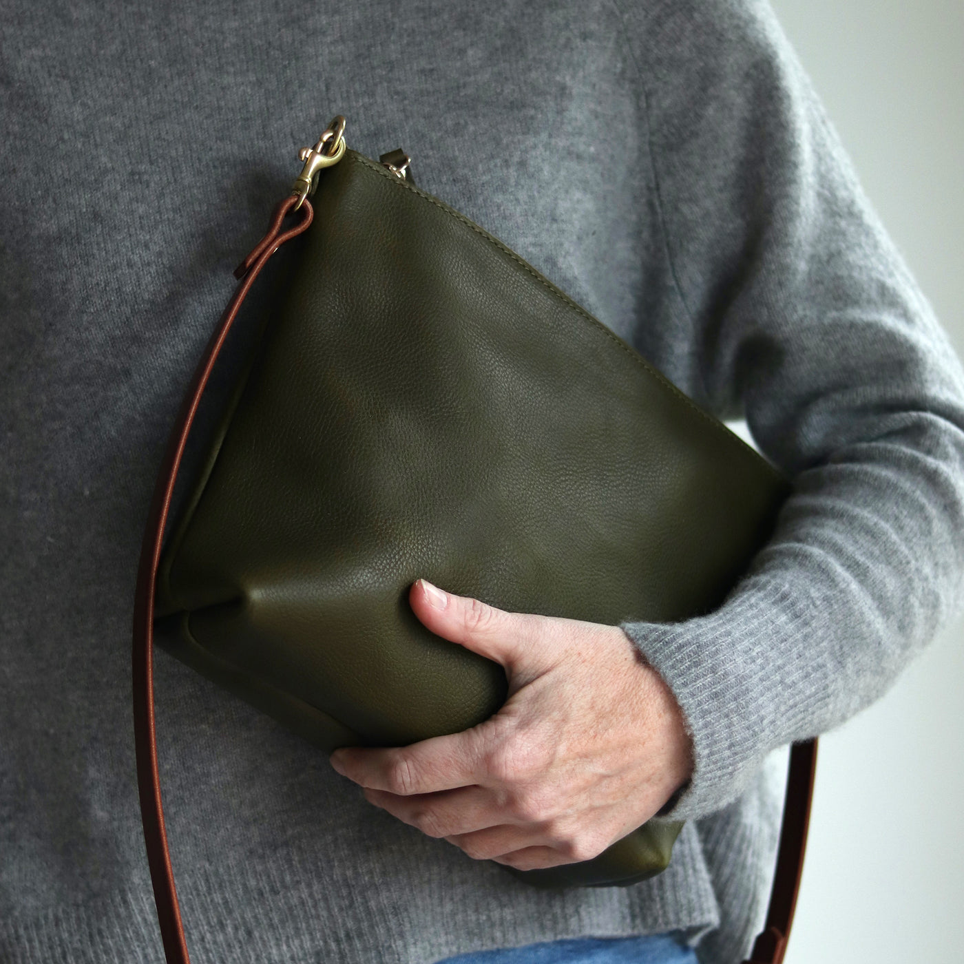 Crossbody Bag with Monogram - Olive Green Pebble