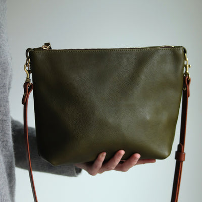 Crossbody Bag with Monogram - Olive Green Pebble