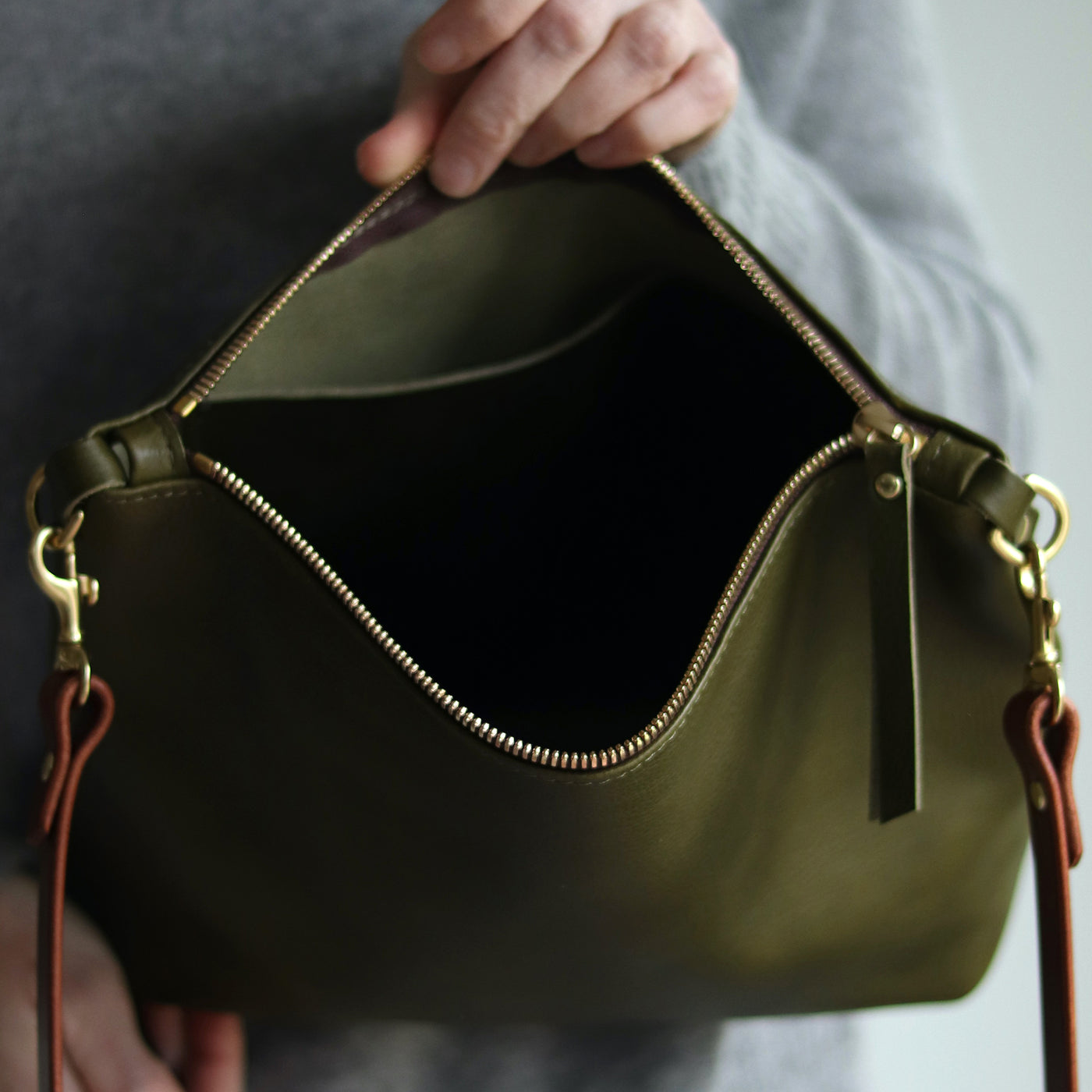 Crossbody Bag with Monogram - Olive Green Pebble