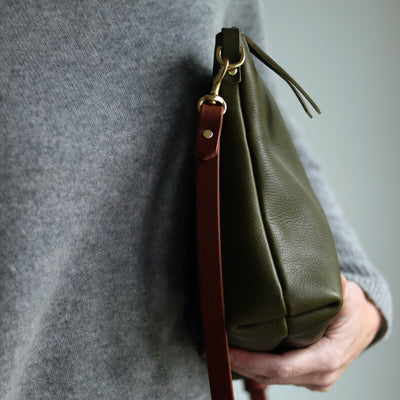 Crossbody Bag with Monogram - Olive Green Pebble