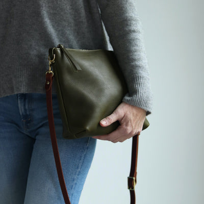 Crossbody Bag with Monogram - Olive Green Pebble