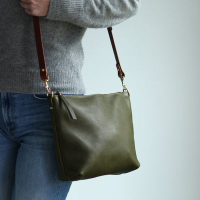 Crossbody Bag with Monogram - Olive Green Pebble