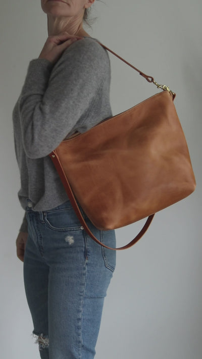 Large Slouchy Hobo Crossbody - Honey Brown Pull-up