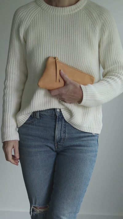 Personalized Leather Zip Clutch - Beige Pebble