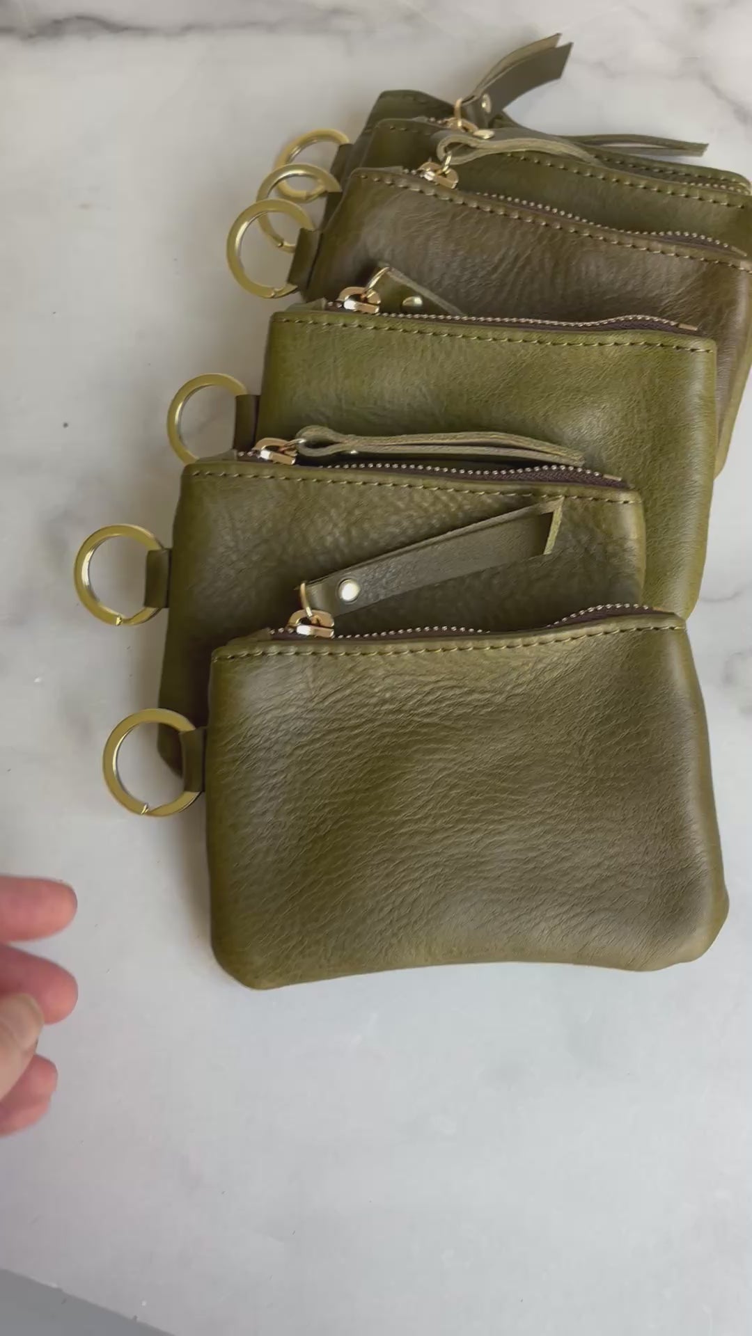 Leather Keyring Coin Purse with Monogram - Olive Green Pebble