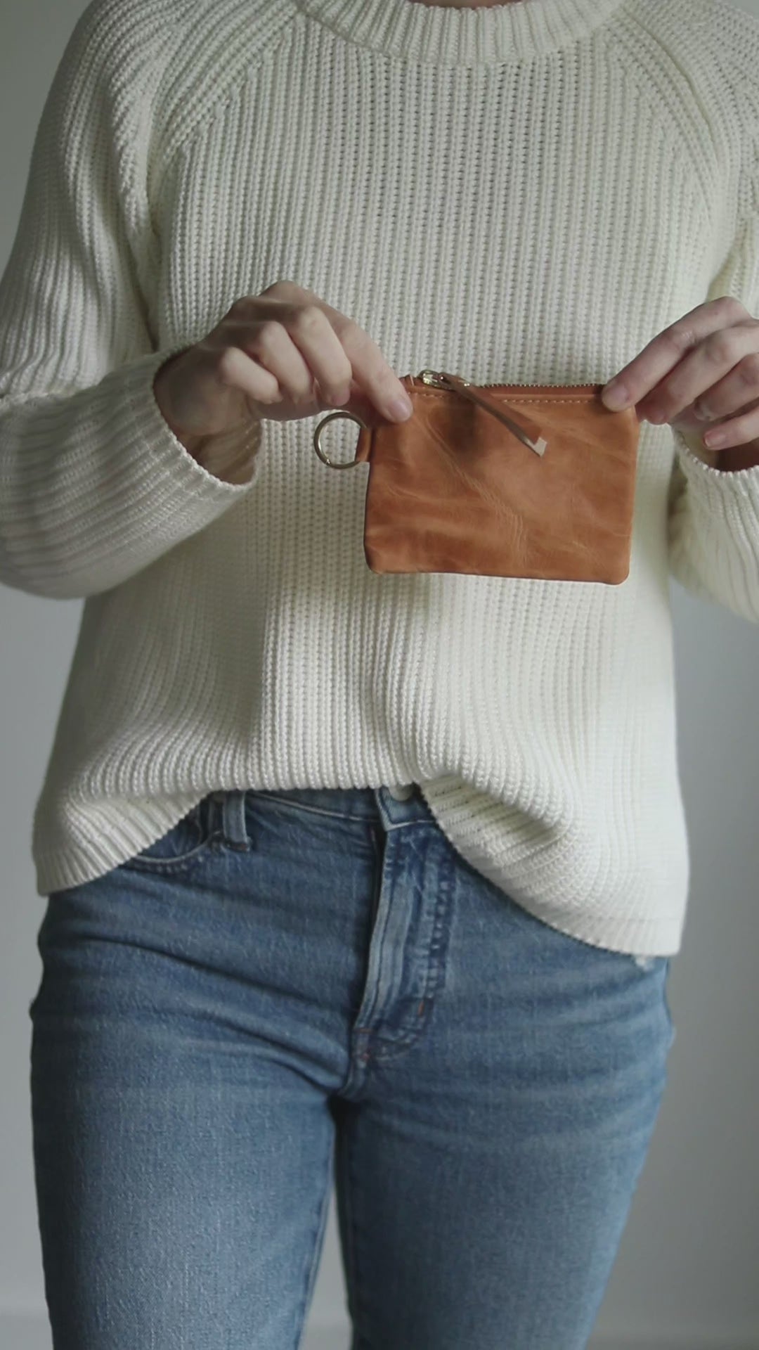 Leather Keyring Coin Purse with Monogram - Honey Brown Pull-Up