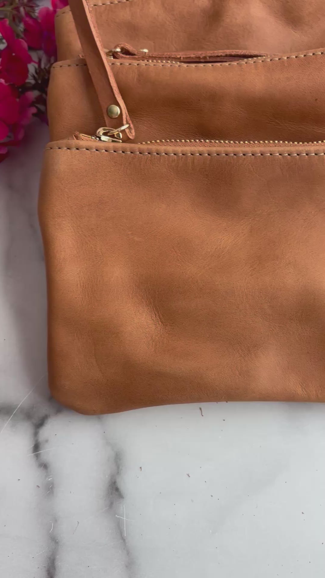 Personalized Leather Zip Clutch - Camel Brown