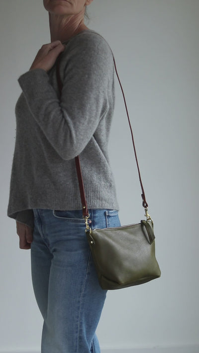 Small Leather Convertible Crossbody Clutch Bag - Olive Green Pebble