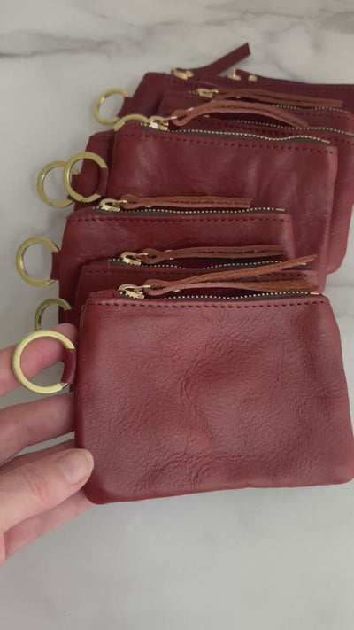 Leather Keyring Coin Purse with Monogram - Red Pebble