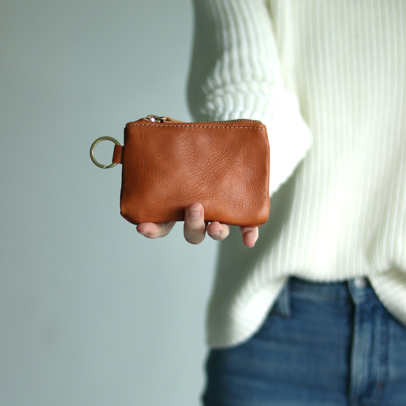 Leather Keyring Coin Purse with Monogram - Saddle Brown