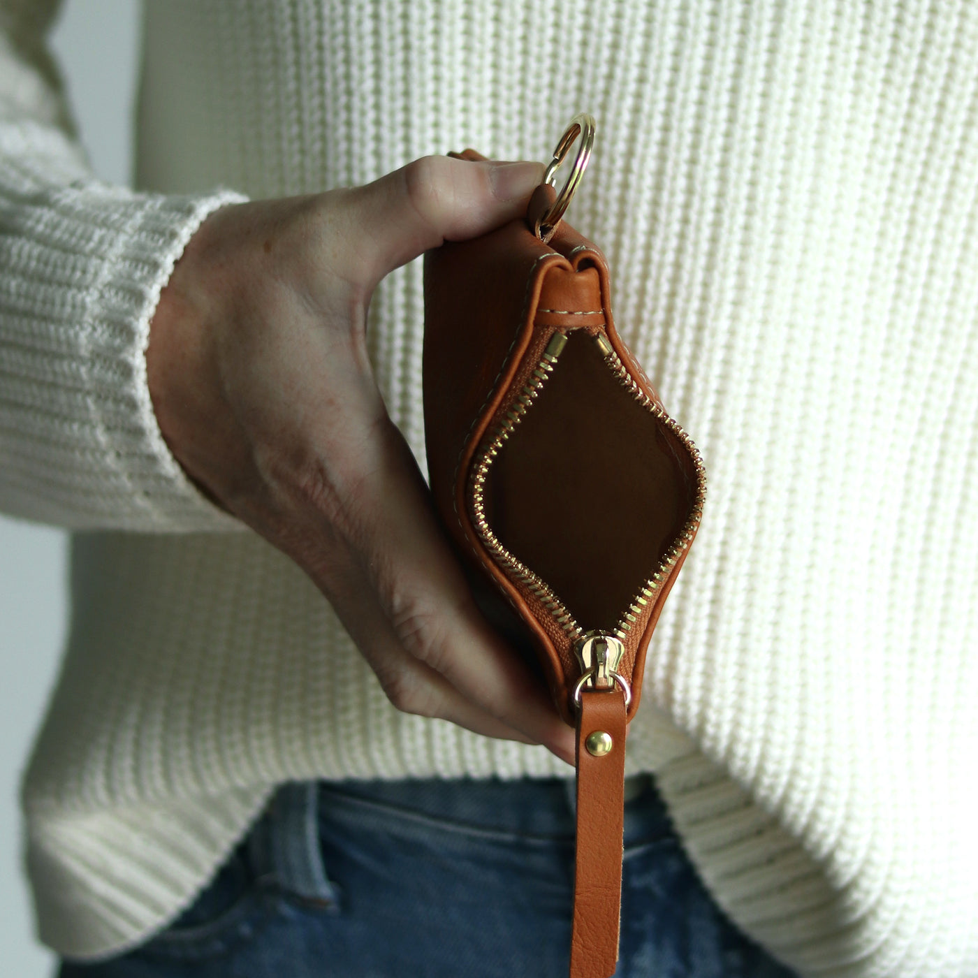 Leather Keyring Coin Purse with Monogram - Saddle Brown