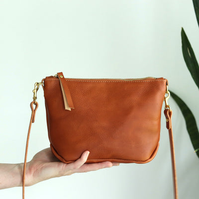 SALE Small Leather Convertible Crossbody Clutch Bag - Saddle Brown