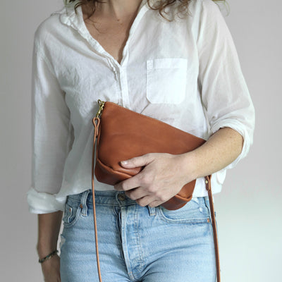 SALE Small Leather Convertible Crossbody Clutch Bag - Saddle Brown