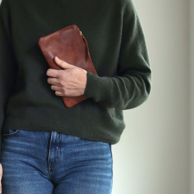 Personalized Leather Zip Clutch - Waxy Cognac Brown (Limited Edition)