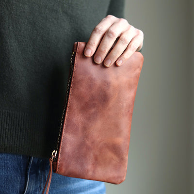 Personalized Leather Zip Clutch - Waxy Cognac Brown (Limited Edition)