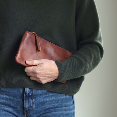 Personalized Leather Zip Clutch - Waxy Cognac Brown (Limited Edition)