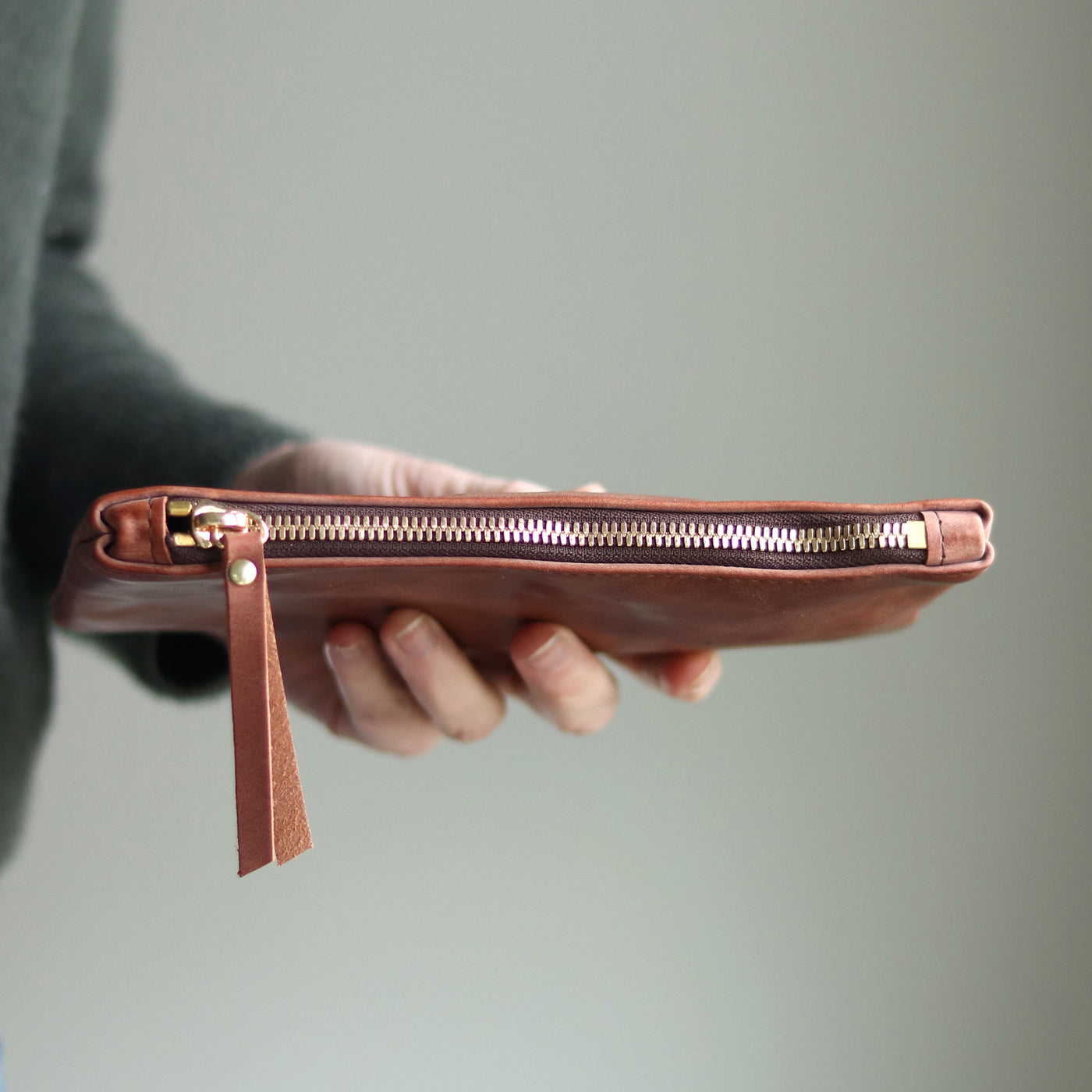 Personalized Leather Zip Clutch - Waxy Cognac Brown (Limited Edition)