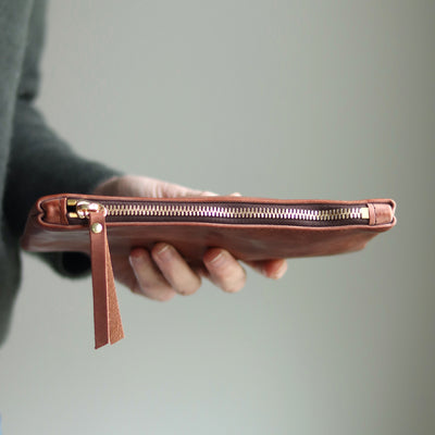 Personalized Leather Zip Clutch - Waxy Cognac Brown (Limited Edition)