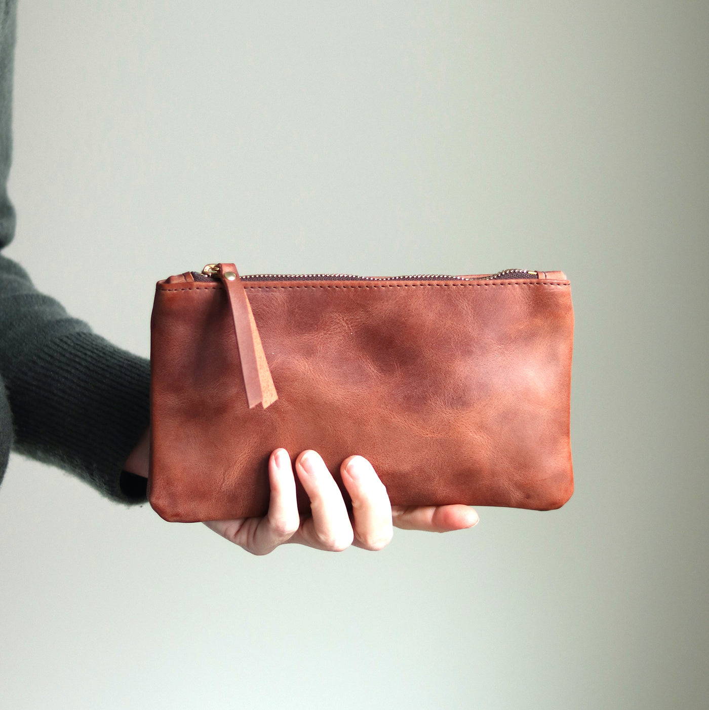 Personalized Leather Zip Clutch - Waxy Cognac Brown (Limited Edition)